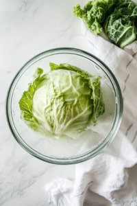 This image shows fresh cabbage being washed and dried, preparing it for chopping and shredding as part of the keto cabbage rice recipe.