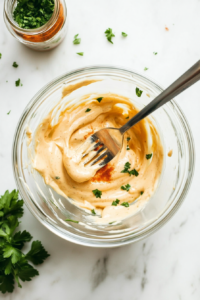 this image shows medium bowl with a fork whisking mayonnaise, mustard, parsley, and paprika until smooth, creating a tangy and creamy dressing for the tuna salad.