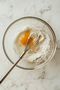 This image shows flour, baking powder, and other dry ingredients being whisked together in a large mixing bowl, ensuring an even blend for the cinnamon swirl bread batter.