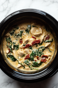 Spinach perfectly wilted in the crockpot, blending into the creamy Tuscan sauce and complementing the tender chicken breasts for a complete dish.