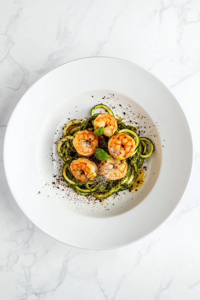 This image shows zucchini noodles with shrimp coated in pesto, served on a white round plate and topped with freshly grated Parmesan cheese.