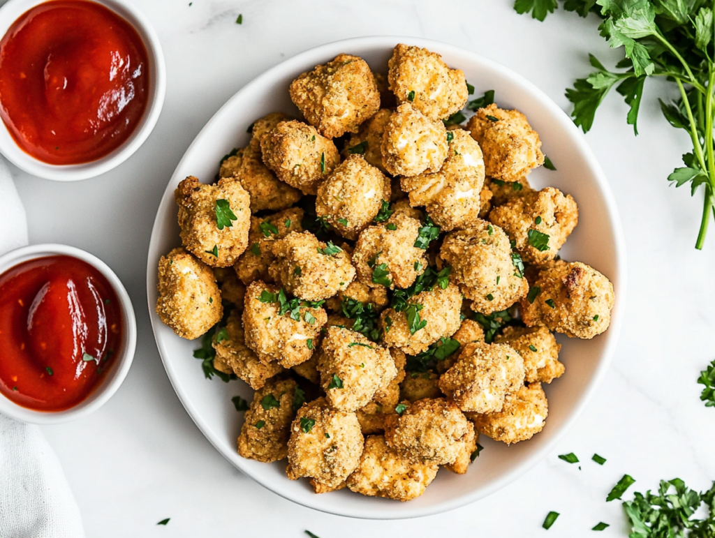 crispy-vegan-popcorn-nuggets-served-in-a-white-round-plate-with-ketchup-in-little-bowls-by-the-side