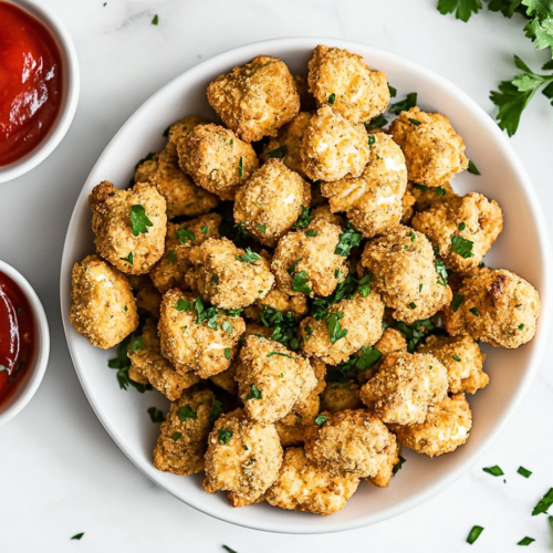 crispy-vegan-popcorn-nuggets-served-in-a-white-round-plate-with-ketchup-in-little-bowls-by-the-side