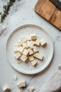 This image shows tofu cubes soaking in a marinade of unsweetened non-dairy milk and apple cider vinegar in a bowl, infusing the tofu with tangy and creamy flavors before cooking.