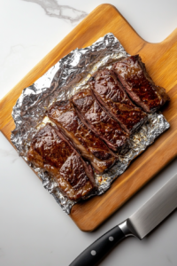 This image shows the cooked steak resting on a cutting board to allow the juices to redistribute before slicing for the salad.