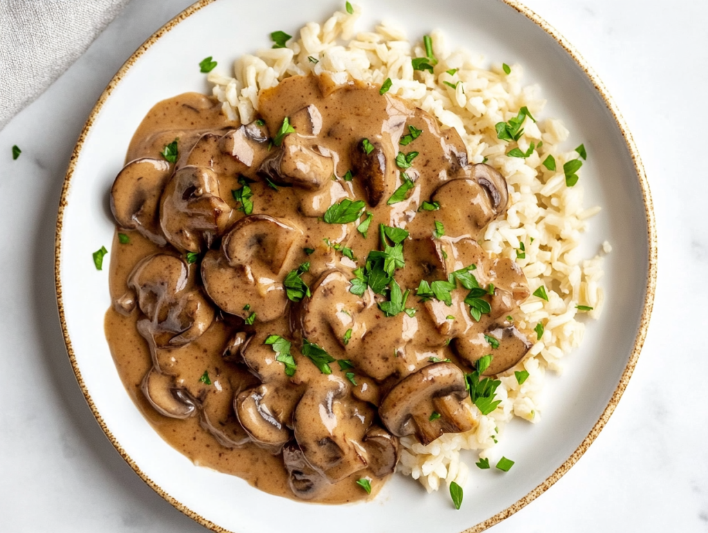 this image shows A creamy cornstarch and plant-based milk mixture being poured into the skillet with mushrooms, onions, and garlic, thickening into a luscious stroganoff sauce.