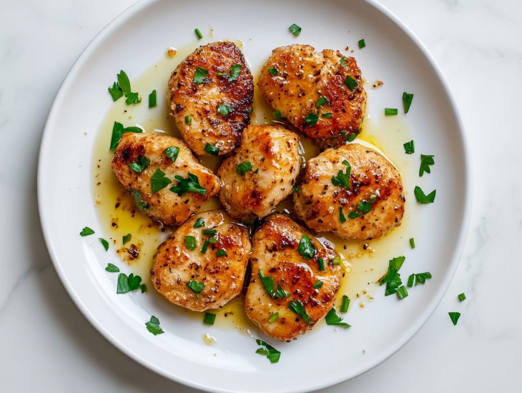 This image shows a plate of 30-minute garlic butter chicken, lightly toasted to golden brown, tossed in a rich garlic butter sauce, and garnished with fresh parsley.