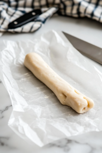 This image shows cookie dough rolled into finger shapes with whole almonds pressed into one end, creating a realistic fingernail effect before baking.