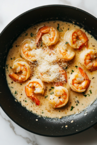 This image shows cooked shrimp being added back into the pan with the sauce, absorbing the rich, garlicky flavors for a delicious creamy shrimp rigatoni.