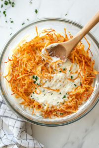 This image shows hash browns being mixed into the sauce in a large glass bowl, preparing the ingredients for the Crockpot Hashbrown Casserole.