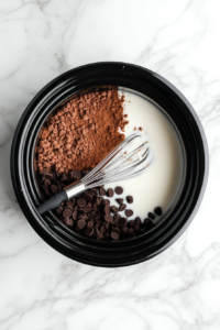 This image shows the process of adding cocoa powder, milk, and sugar into a crockpot, beginning the preparation of rich and velvety hot chocolate.