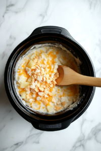 This image shows diced potatoes, shredded cheddar cheese, and seasonings being added into a crockpot, ready to cook into a creamy, cheesy potato dish.