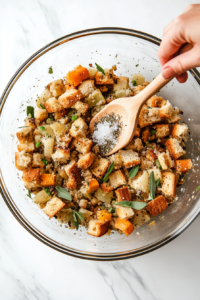 This image shows seasonings being added to the bread and vegetable mixture, bringing flavor to the Crockpot Stuffing.