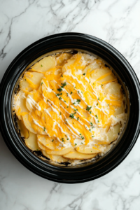 This image shows the final layer of thinly sliced potatoes topped with a thick layer of shredded cheese, ready to be slow-cooked to perfection in the Crockpot.