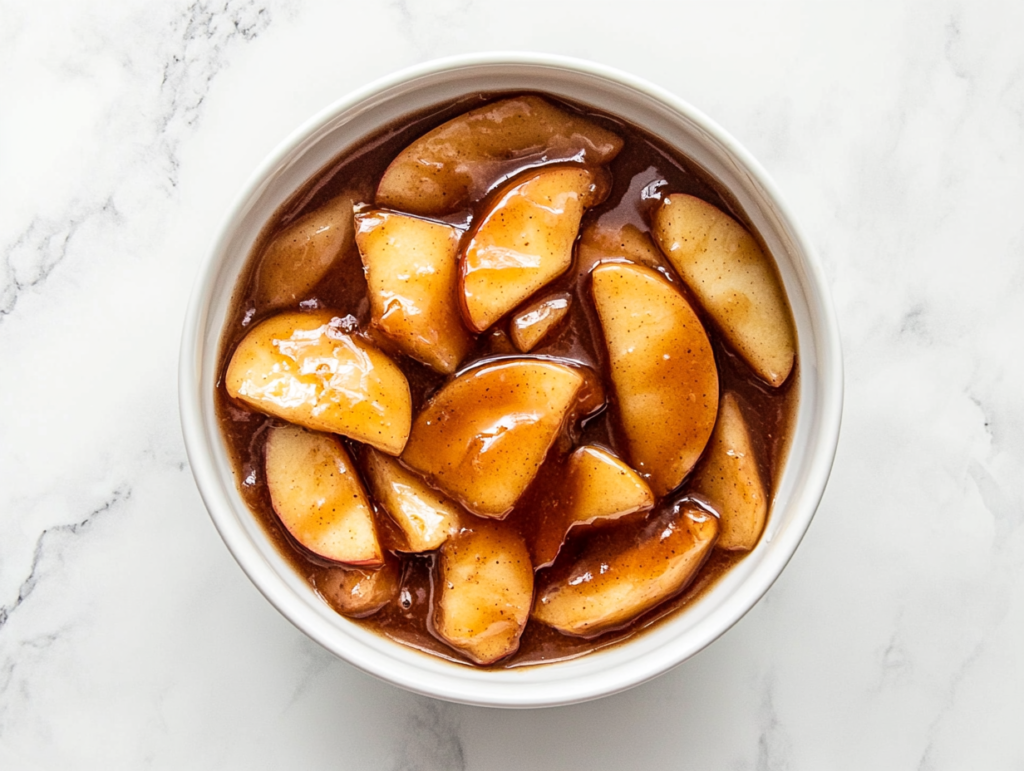 A white bowl filled with homemade apple pie filling, where tender apple slices are coated in a rich brown sugar mixture, creating a glossy, caramelized texture.