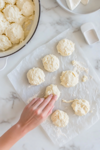 This image shows biscuit dough pieces being placed evenly over the chicken mixture, creating a golden, flaky topping as they bake.