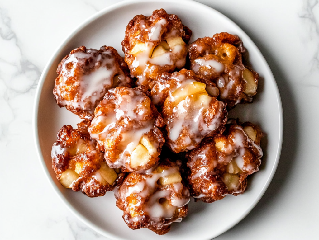 A plate of golden-brown baked apple fritters, perfectly glazed to harden, served on a clean white plate.