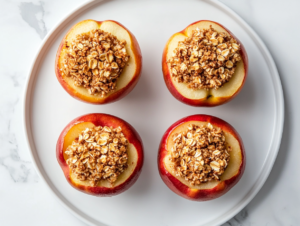 this image shows A round white plate showcasing perfectly baked apples, filled with a warm oat mixture of brown sugar and cinnamon, with golden, caramelized edges.