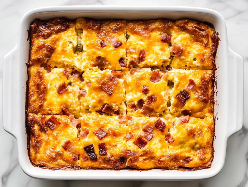 This image shows a freshly baked Baked Cottage Cheese Eggs dish in a white rectangular baking dish, topped with crispy bacon bits and cut into square portions for easy serving.