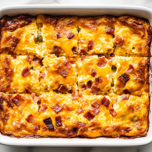 This image shows a freshly baked Baked Cottage Cheese Eggs dish in a white rectangular baking dish, topped with crispy bacon bits and cut into square portions for easy serving.