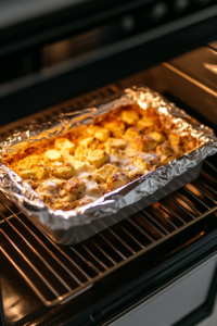 This image shows the breakfast casserole baking in the oven at 350°F, slowly developing a golden crust and fluffy interior.