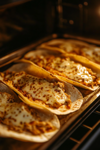 This image shows the mini tacos in the oven, crisping up to a golden-brown texture for the perfect crunch.