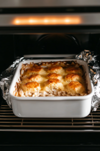 This image shows the Chicken Biscuit Bake in the oven, with the biscuits turning golden brown as the dish finishes baking.