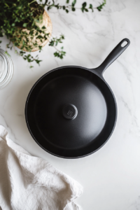 This image shows a spoonful of crème fraîche being stirred into the casserole, creating a silky, creamy sauce that enhances the dish’s richness.