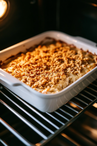 This image shows the broccoli rice chicken cheese casserole baking in the oven, with the top turning bubbly and golden brown for a delicious finish.