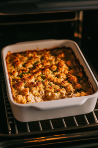 This image shows the Company Chicken Casserole baking in the oven, with the top turning golden brown and bubbly as the flavors meld together.