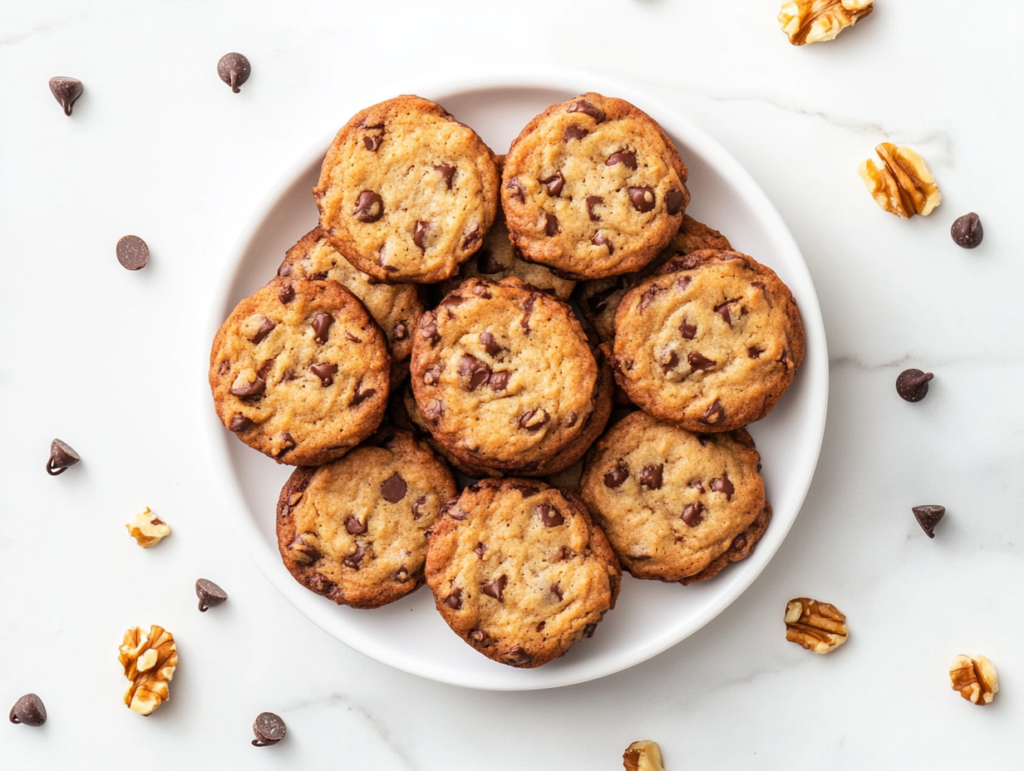 This image shows freshly baked Banana Bread Cookies stacked in a white round bowl, showcasing their soft texture and golden-brown color.