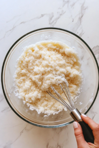 This image shows softened butter and sugar being creamed together in a mixing bowl using a hand mixer, creating a smooth and fluffy base for the cranberry orange loaf.