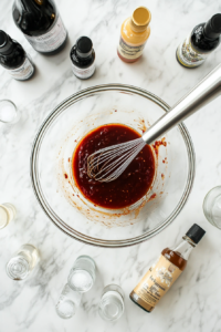 This image shows a bowl of jerk sauce being mixed, combining spices, peppers, and seasonings for a bold and flavorful marinade.