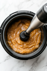 This image shows an immersion blender pureeing cooked apples in the slow cooker, creating a smooth and creamy applesauce consistency.