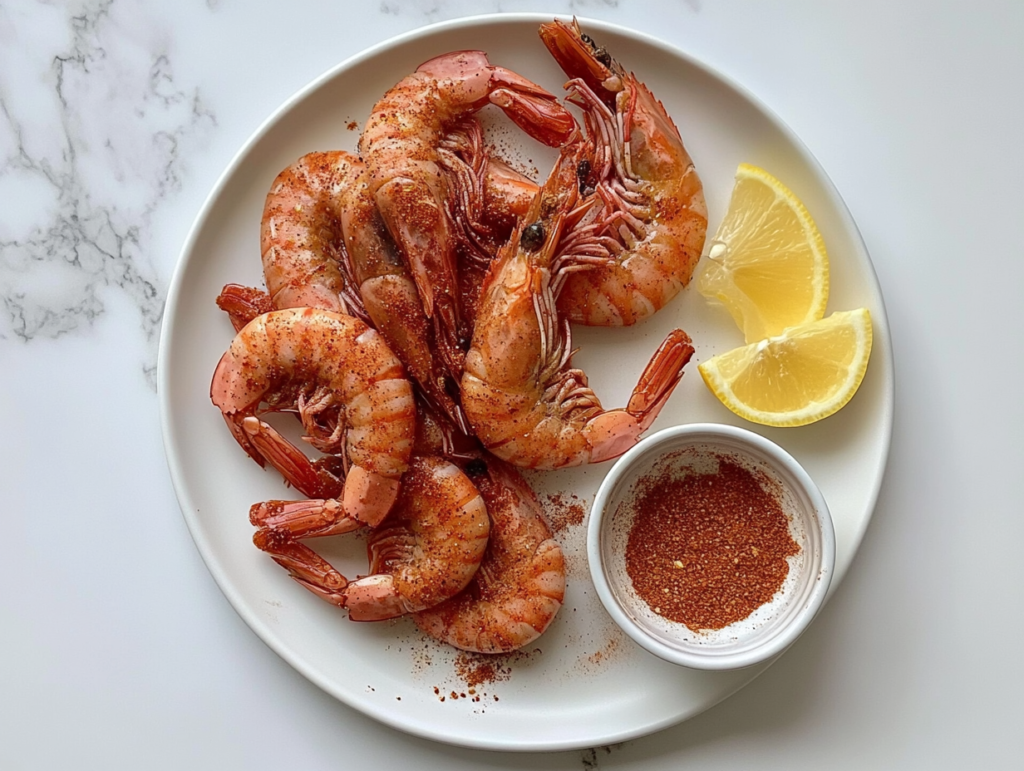 This image shows wild-caught shrimp perfectly boiled and arranged on a white round plate, accompanied by a small bowl of seasoning powder and fresh lemon halves for an extra burst of zesty flavor.