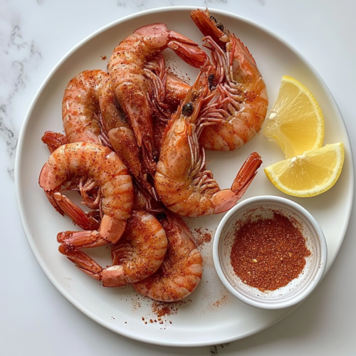 This image shows wild-caught shrimp perfectly boiled and arranged on a white round plate, accompanied by a small bowl of seasoning powder and fresh lemon halves for an extra burst of zesty flavor.