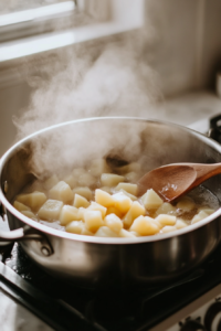 This image shows diced potatoes boiling in a pot of hot water until soft and tender, ready to be mashed for the taquito filling.