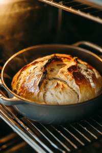 This image shows the Dutch oven lid removed, allowing the bread to bake uncovered and develop a deep golden-brown crust.