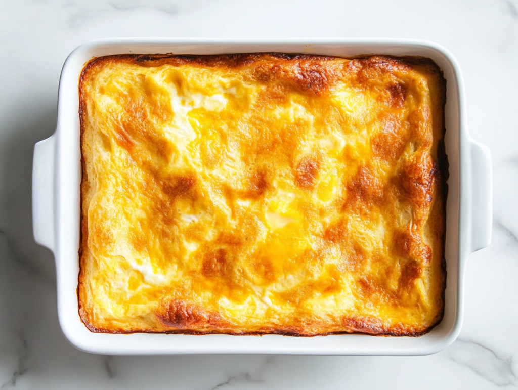 This image shows a freshly baked breakfast casserole with a golden, bubbly cheddar cheese layer on top, perfectly crisped and ready to serve.