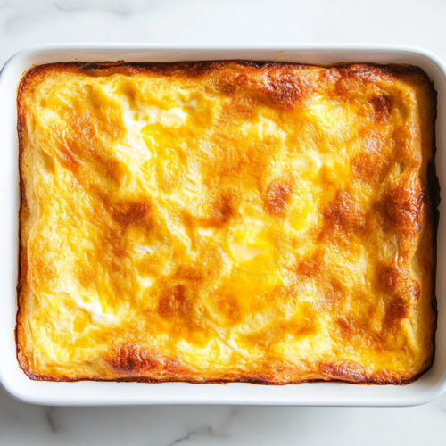 This image shows a freshly baked breakfast casserole with a golden, bubbly cheddar cheese layer on top, perfectly crisped and ready to serve.