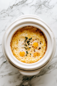 This image shows the breakfast casserole in the crockpot, with the cheese melted and bubbly, signaling it’s almost ready to serve.