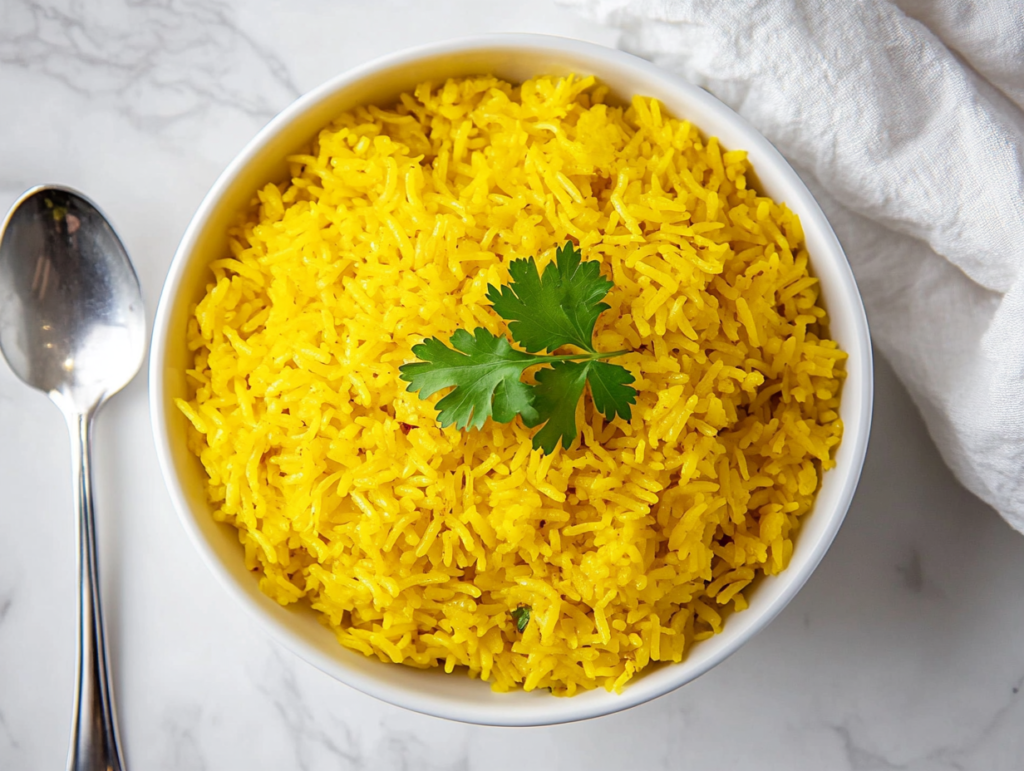 This image shows a bowl of vibrant yellow turmeric rice served in a white bowl, garnished with a fresh cilantro leaf, with a spoon placed beside it for serving.