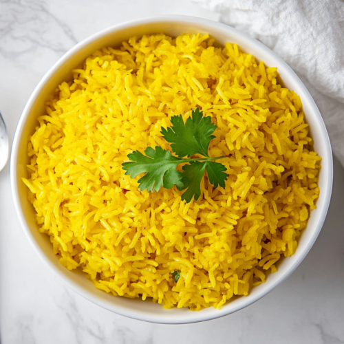 This image shows a bowl of vibrant yellow turmeric rice served in a white bowl, garnished with a fresh cilantro leaf, with a spoon placed beside it for serving.