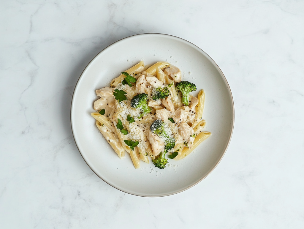 This image shows a delicious plate of Broccoli Chicken Penne Pasta served on a white round plate, garnished with grated cheese, chopped cilantro, and fresh broccoli pieces for a flavorful and comforting meal.