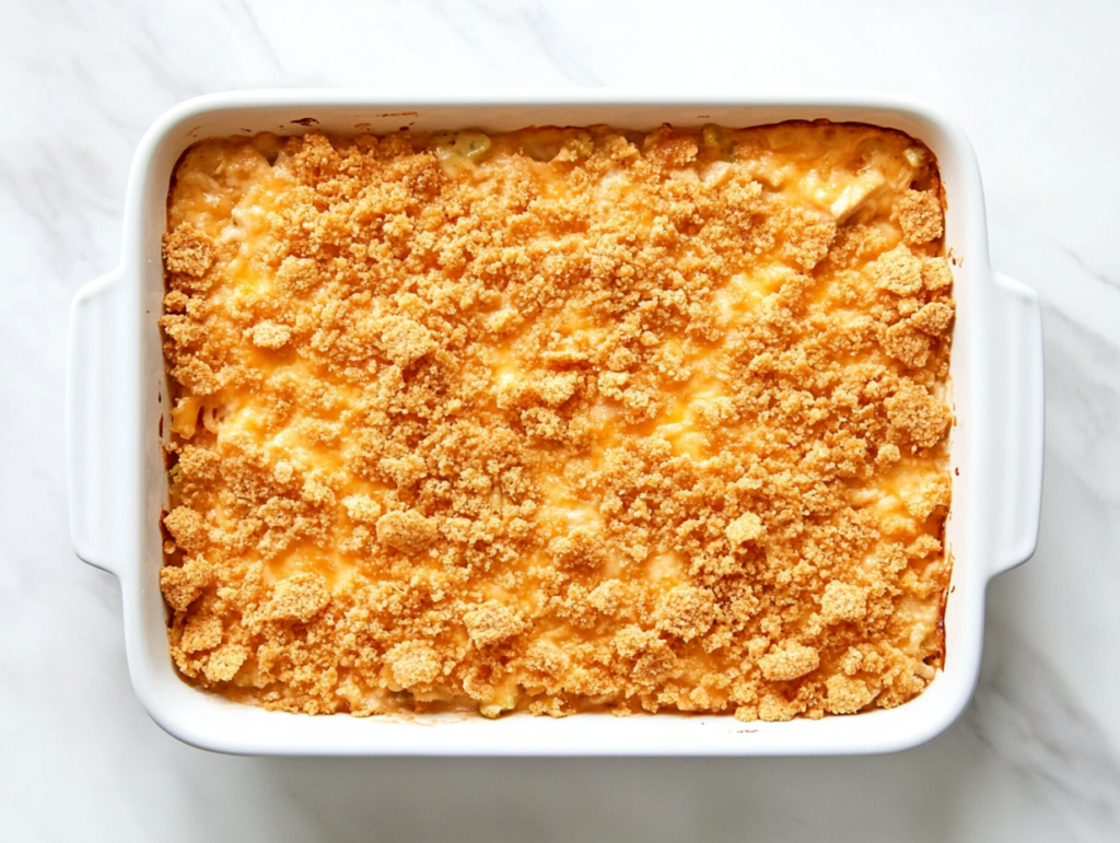 This image shows a Broccoli Rice Chicken Cheese Bake in a rectangular white dish, topped with gooey melted cheese and golden, crispy crumbs for extra flavor.