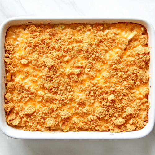 This image shows a Broccoli Rice Chicken Cheese Bake in a rectangular white dish, topped with gooey melted cheese and golden, crispy crumbs for extra flavor.