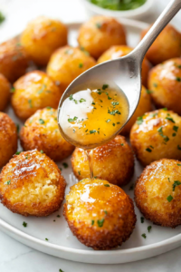 This image shows warm cornbread poppers being drizzled or brushed with honey butter, giving them a glossy and flavorful coating.