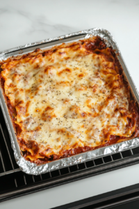 This image shows Buffalo Chicken Lasagna baking in the oven, with melted cheese bubbling on top as it nears completion.