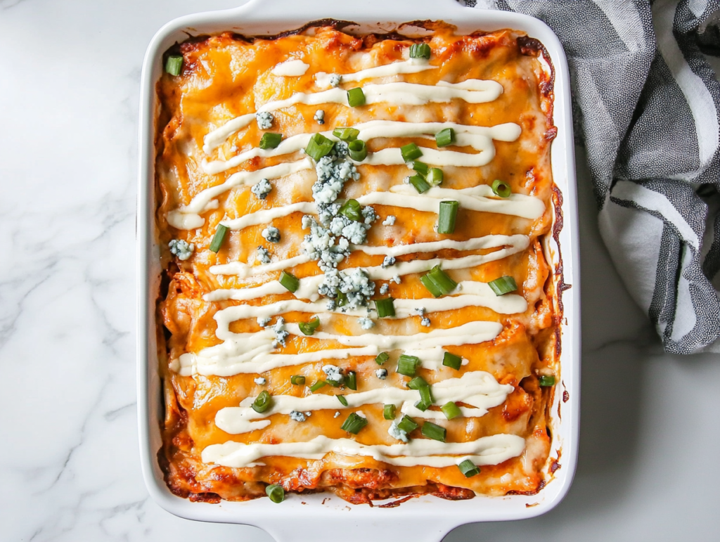 This image shows a freshly baked Buffalo Chicken Lasagna in a white rectangular dish, topped with a drizzle of ranch dressing, sliced green onions, and blue cheese crumbles.