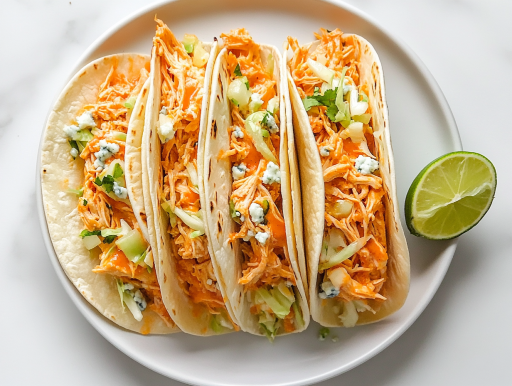 This image shows a plate of Buffalo chicken wings, generously filled with shredded chicken and topped with crumbled blue cheese. A halved lemon sits on the side, ready to be squeezed for an extra burst of zest.